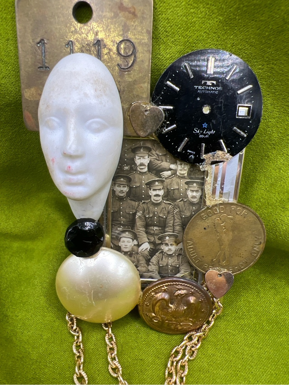 Signed Kunst OOAK Assemblage Art Brooch Mixed Media Wearable Art Surrealist Pin